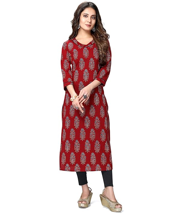 Maroon Printed Straight Kurti