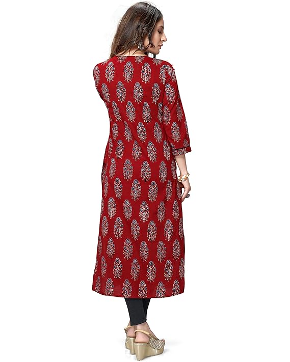Maroon Printed Straight Kurti