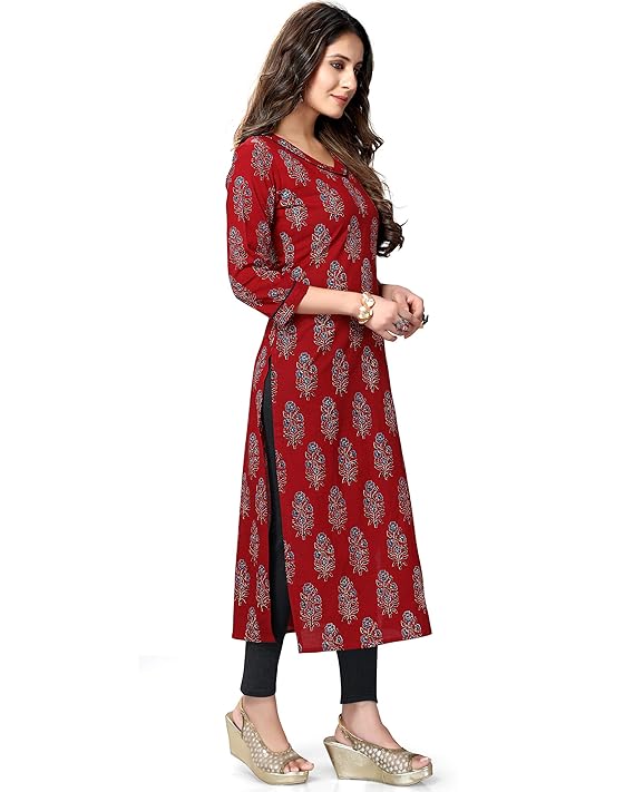 Maroon Printed Straight Kurti