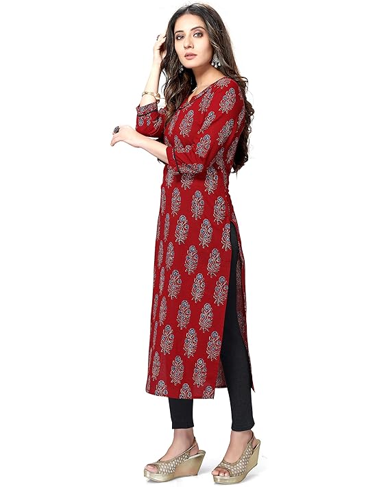 Maroon Printed Straight Kurti