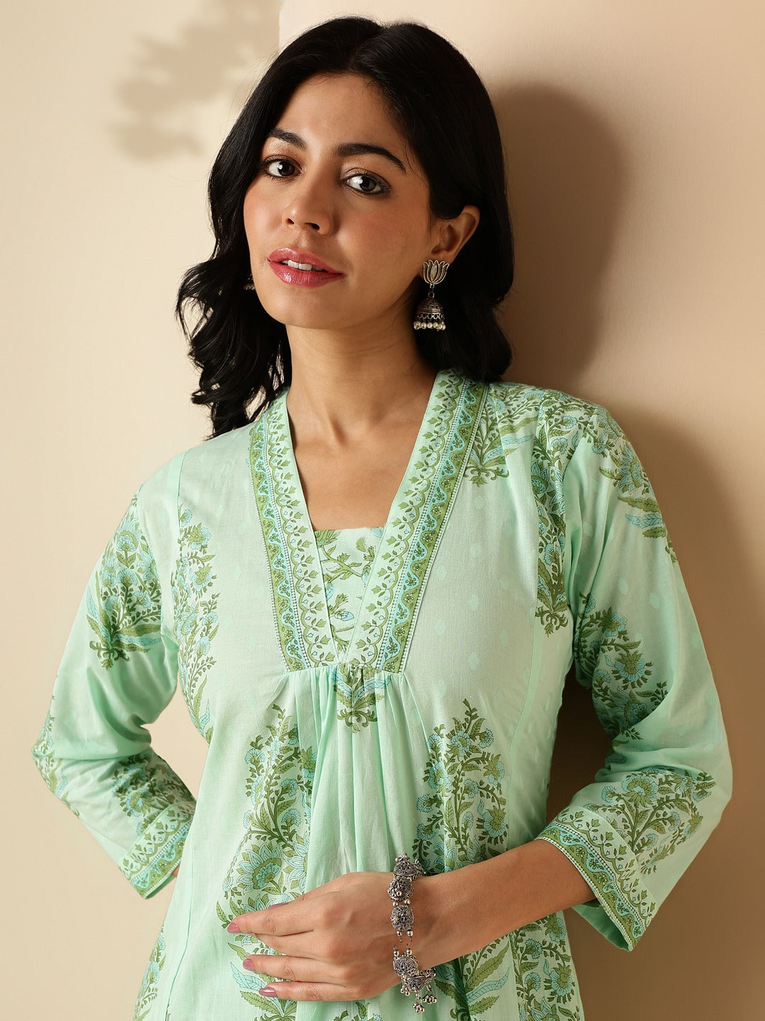 Mint Green Printed Cotton Kurta with Palazzo Set