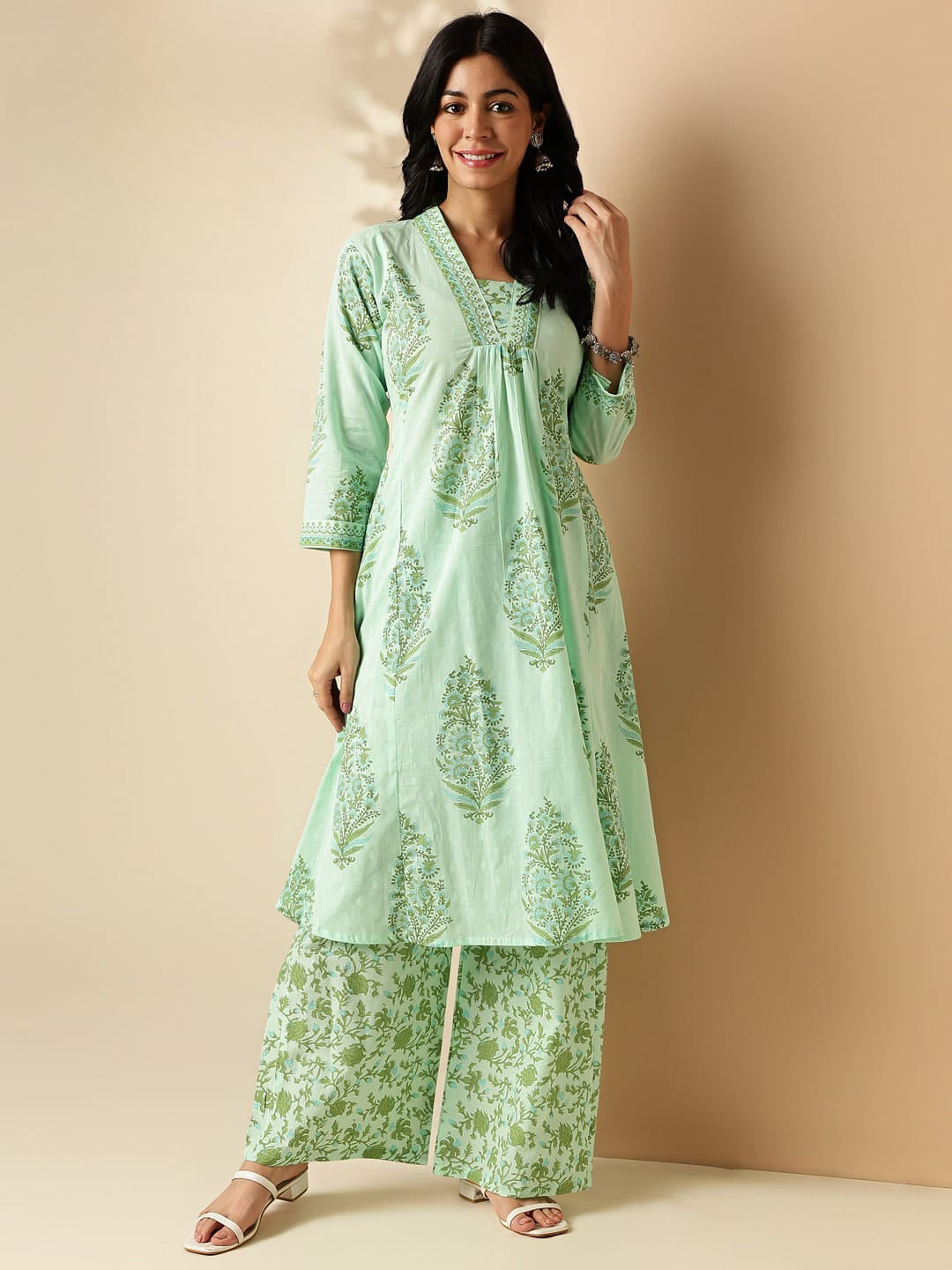 Mint Green Printed Cotton Kurta with Palazzo Set