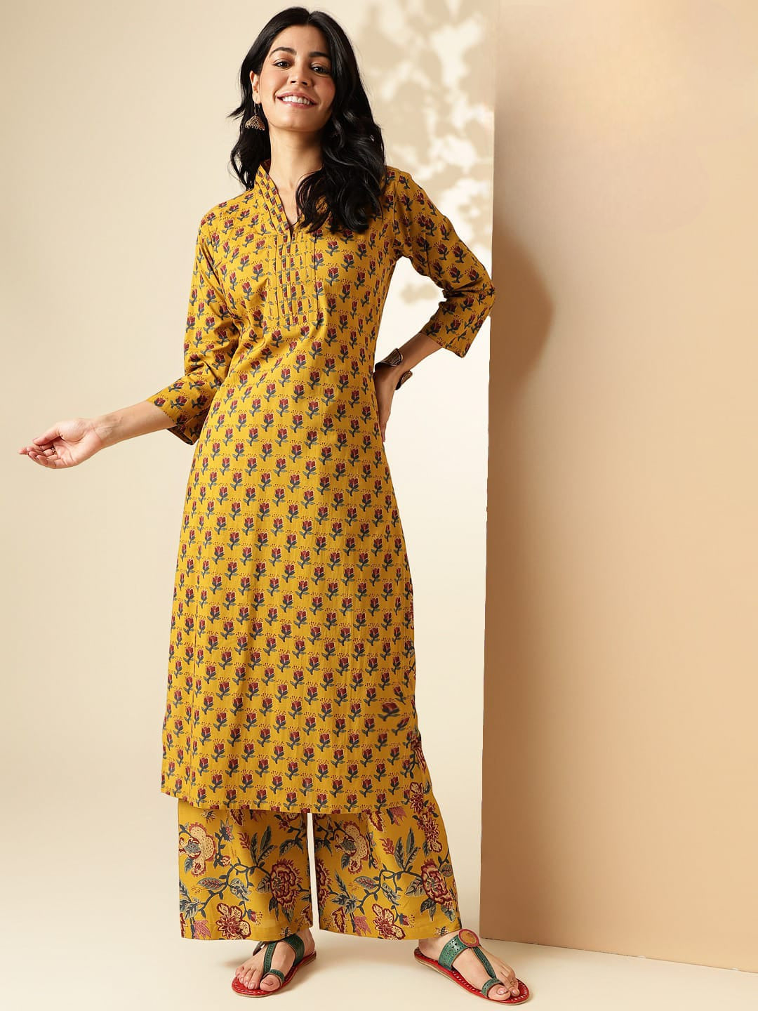 Mustard Yellow Printed Cotton Kurta with Floral Palazzo Set