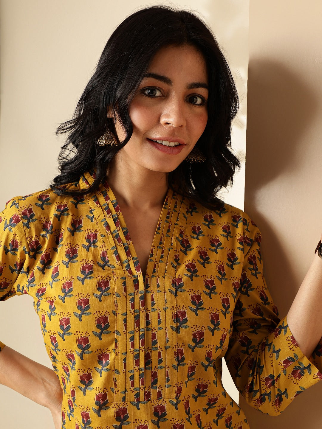 Mustard Yellow Printed Cotton Kurta with Floral Palazzo Set