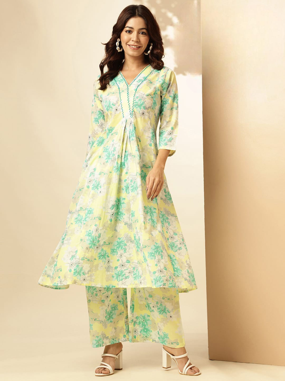 Pastel Yellow & Aqua Floral Printed A-Line Kurta with Palazzo Set