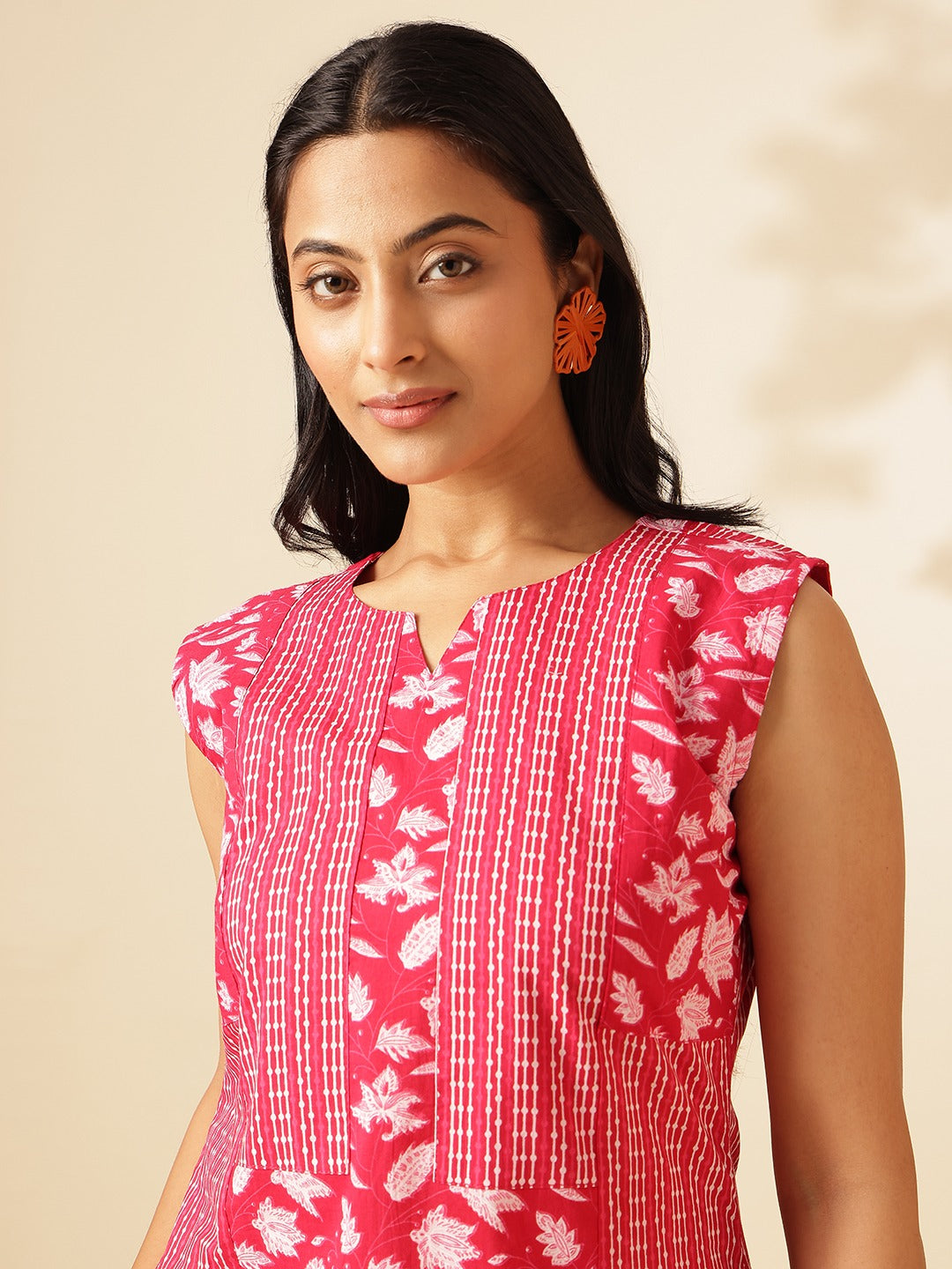 Coral Pink Floral & Striped Cotton Kurta Set
