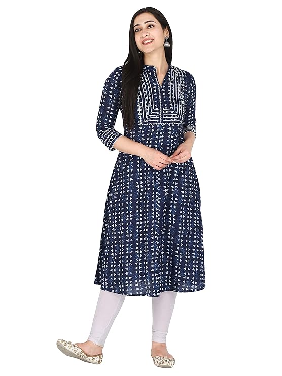 Navy Blue Printed A-Line Kurti