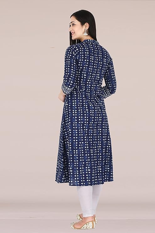 Navy Blue Printed A-Line Kurti
