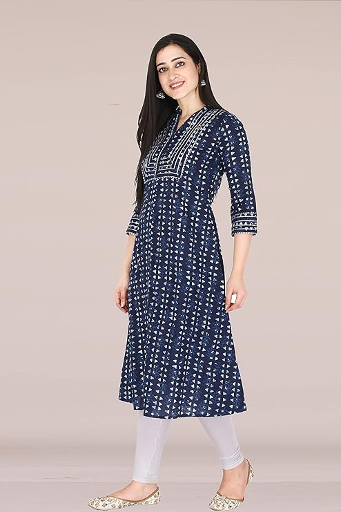 Navy Blue Printed A-Line Kurti