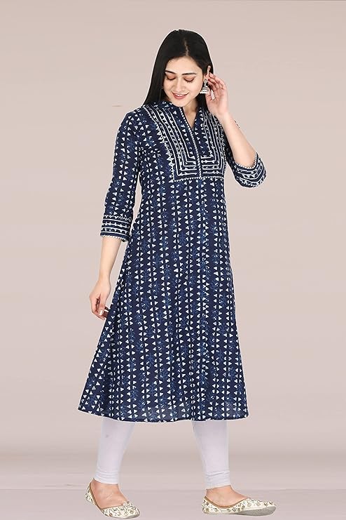 Navy Blue Printed A-Line Kurti