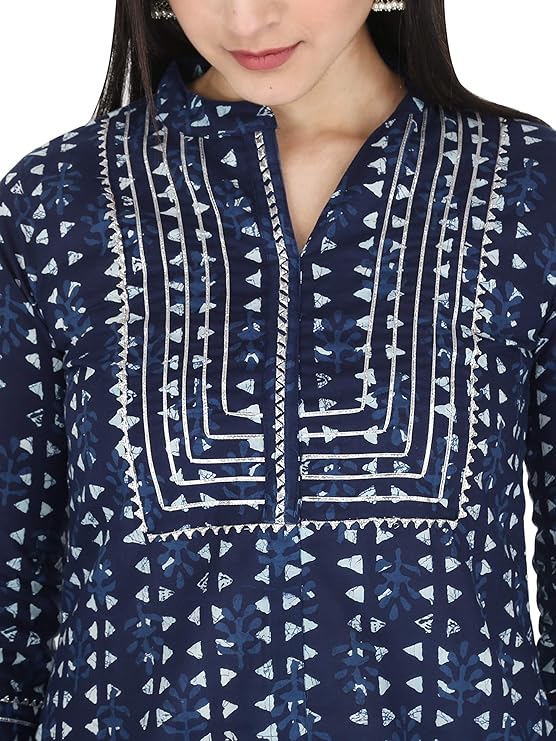 Navy Blue Printed A-Line Kurti