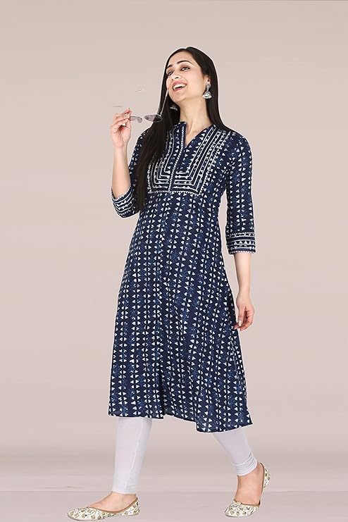 Navy Blue Printed A-Line Kurti