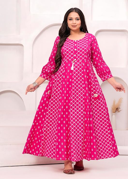 Women's Pink Printed Anarkali Maxi Dress