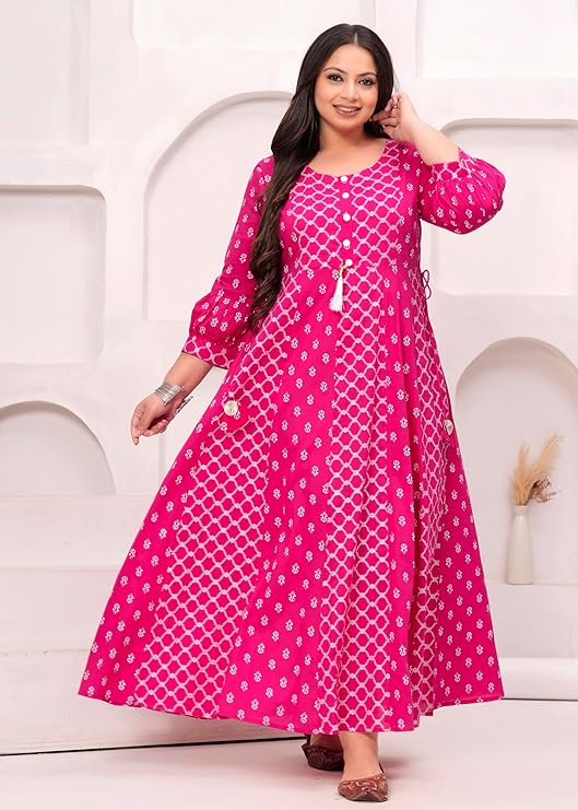 Women's Pink Printed Anarkali Maxi Dress