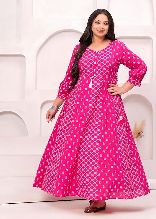 Women's Pink Printed Anarkali Maxi Dress