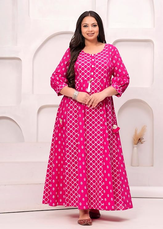 Women's Pink Printed Anarkali Maxi Dress