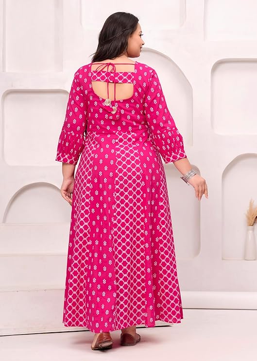 Women's Pink Printed Anarkali Maxi Dress