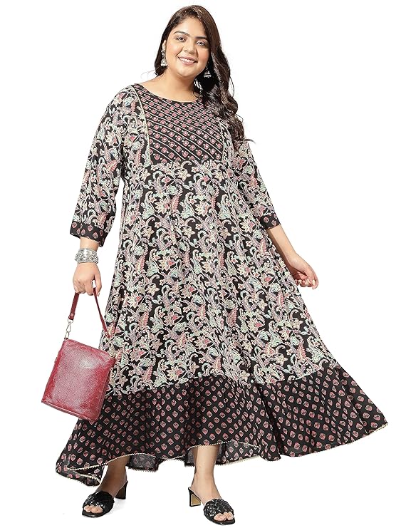 Women's Black Floral Printed Flared Maxi Dress
