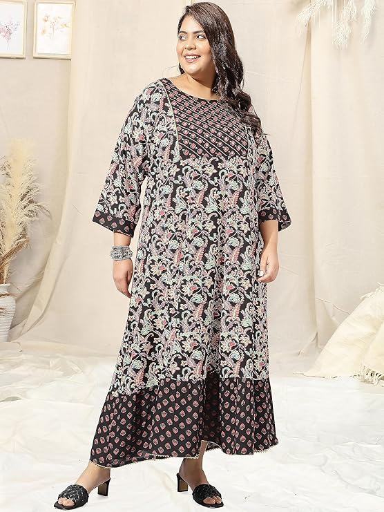Women's Black Floral Printed Flared Maxi Dress