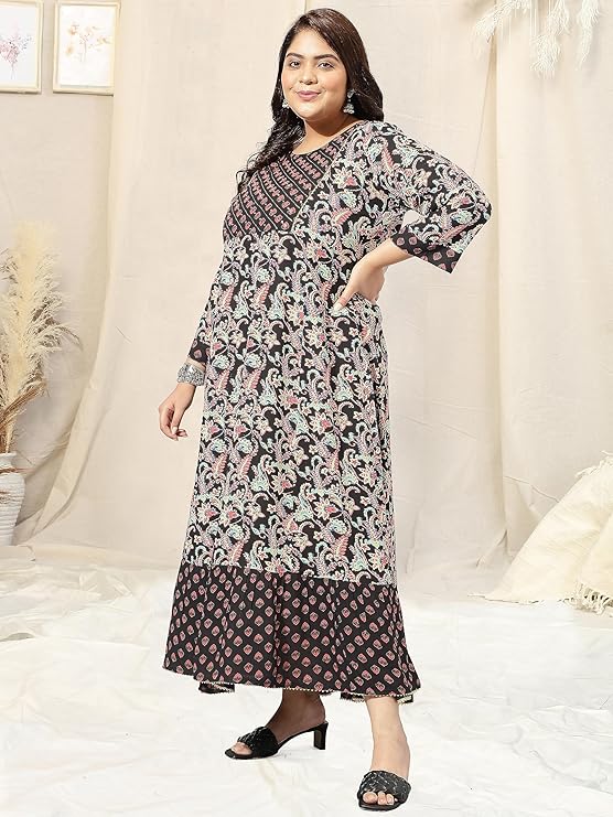 Women's Black Floral Printed Flared Maxi Dress
