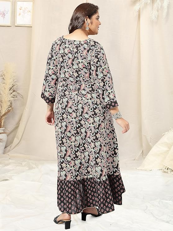 Women's Black Floral Printed Flared Maxi Dress