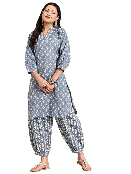 Women's Grey Printed Cotton Kurta with Patiala Pants