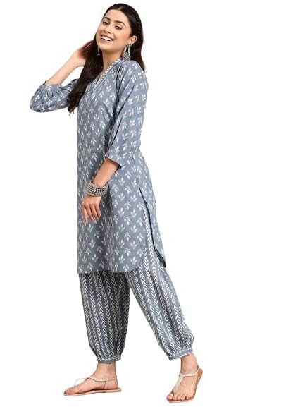Women's Grey Printed Cotton Kurta with Patiala Pants