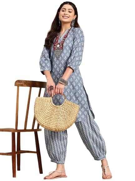 Women's Grey Printed Cotton Kurta with Patiala Pants