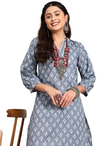 Women's Grey Printed Cotton Kurta with Patiala Pants