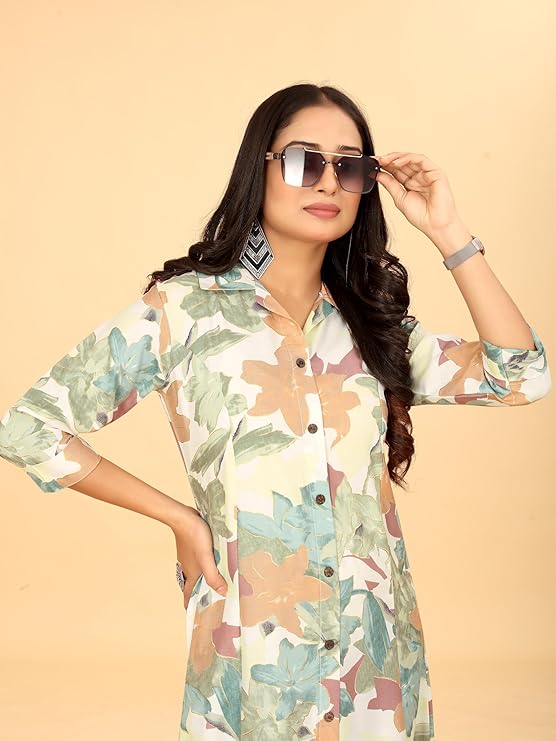 Women's Floral Printed Shirt Dress Kurti