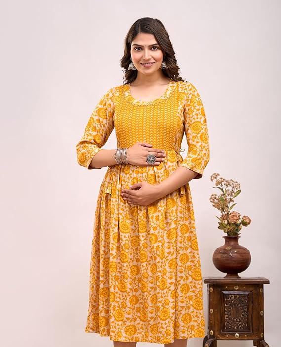 Mustard Cotton Printed Nightdress