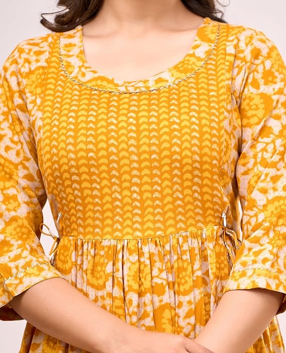 Mustard Cotton Printed Nightdress