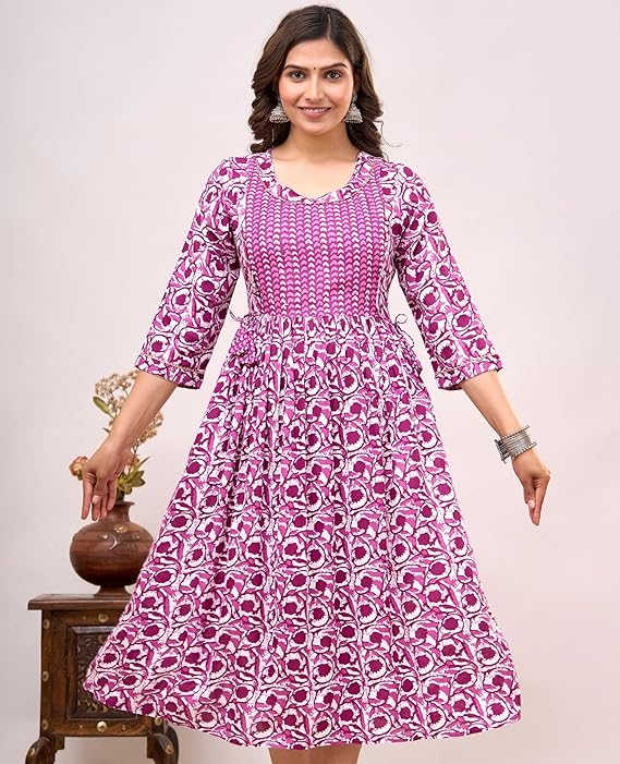 Printed Pink Cotton Feeding Kurta